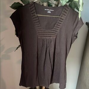 New York & Company Dark Brown Tee with Crochet Detail